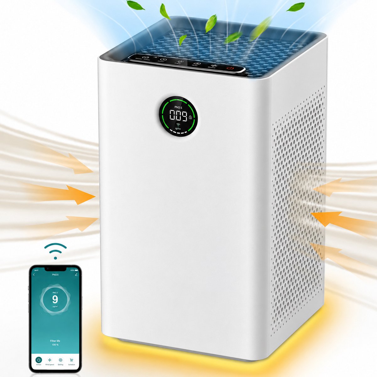 Luchtreiniger met WiFi en H13 HEPA-filter – PM2.5 Sensor – App & Spraakbediening – CADR 260 m³/h
