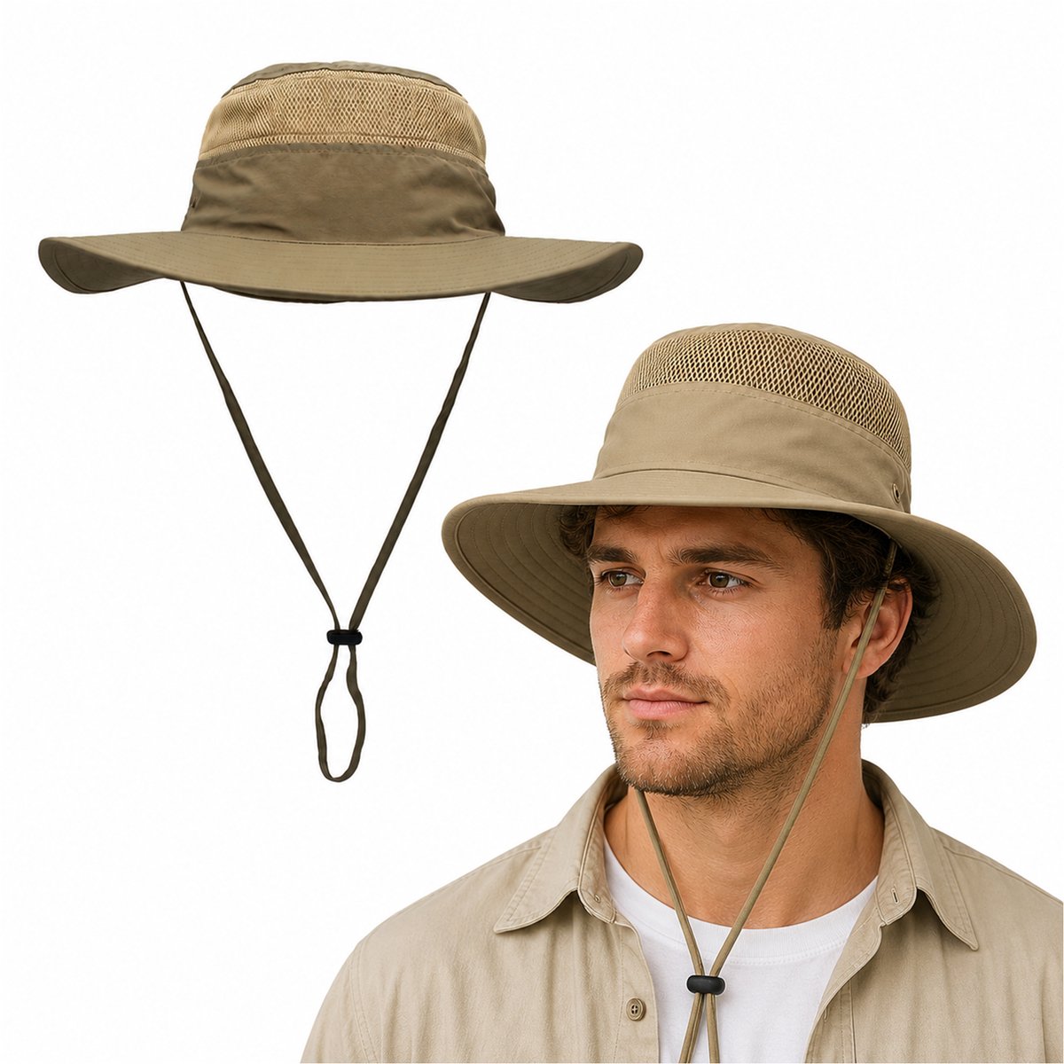 Safari Hoed - Zonnehoed Heren Dames Maat 56/60 Outdoor Vissershoed Jungle Hoed UV Hoed Hoed Regenhoed - voor outdooravonturen, wandelen, vissen en safari - Kaki