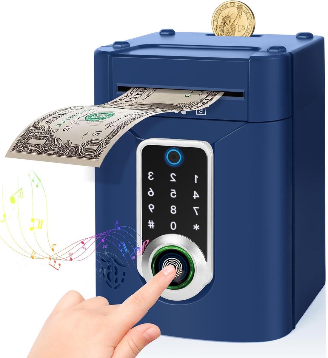 Elektronische Spaarpot - Geldkluis Kinderen - Geld Leren Sparen - Vingerafdruk Slot - 20 cm - Donkerblauw