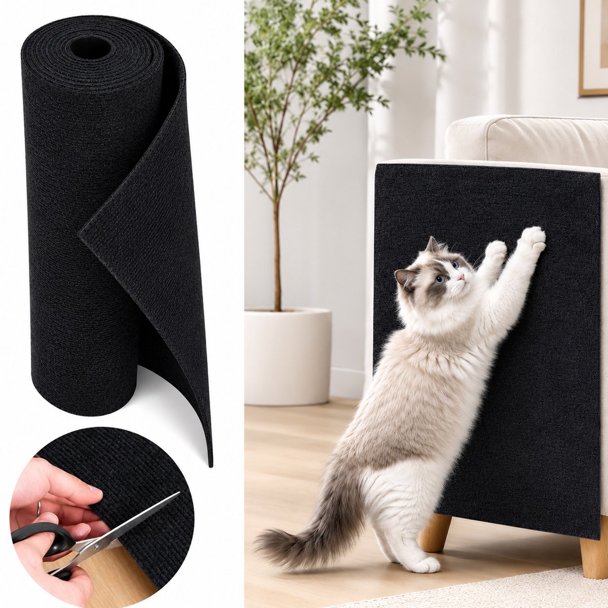 Kattenkrabmat -Zelfklevende Kattenkrabmat 300x40cm - XXL Meubelbeschermer voor Bank en Muur -Op maat te snijden krabmat voor katten- DIY Krabpaal Bekleding - Slijtvast Vilt voor Katten -Zwart