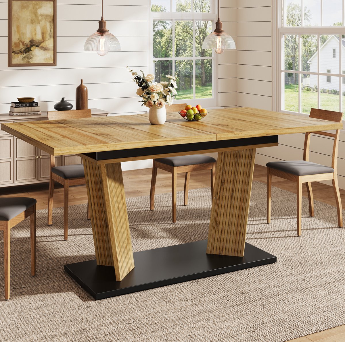 REDOM - Eettafel - Uitschuifbaar - Verstelbare antislipvoeten - Modern - Eetkamer en keuken - MDF en metaal - Eiken - 120-160 x 80 x 76 cm