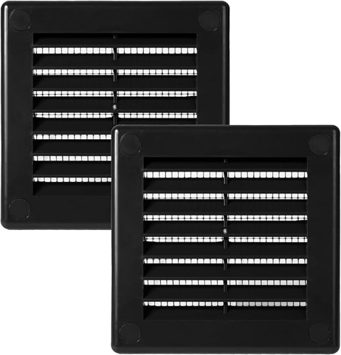 Ventilatieafdekking 100 x 100 mm, 2 stuks, zwart, vierkant met vliegengaas