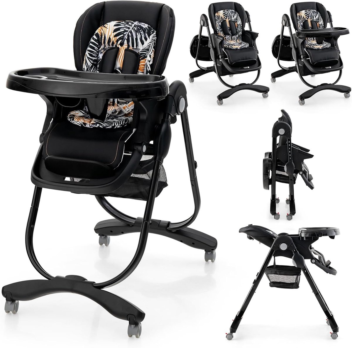 COSTWAY Kinderstoel voor baby's, inklapbaar, babystoel met ligfunctie, wielen en dubbel dienblad, opbergtas, kinderstoel met verstelbare hoogte, voetensteun en rugleuning, voor 6-36 maanden, zwart
