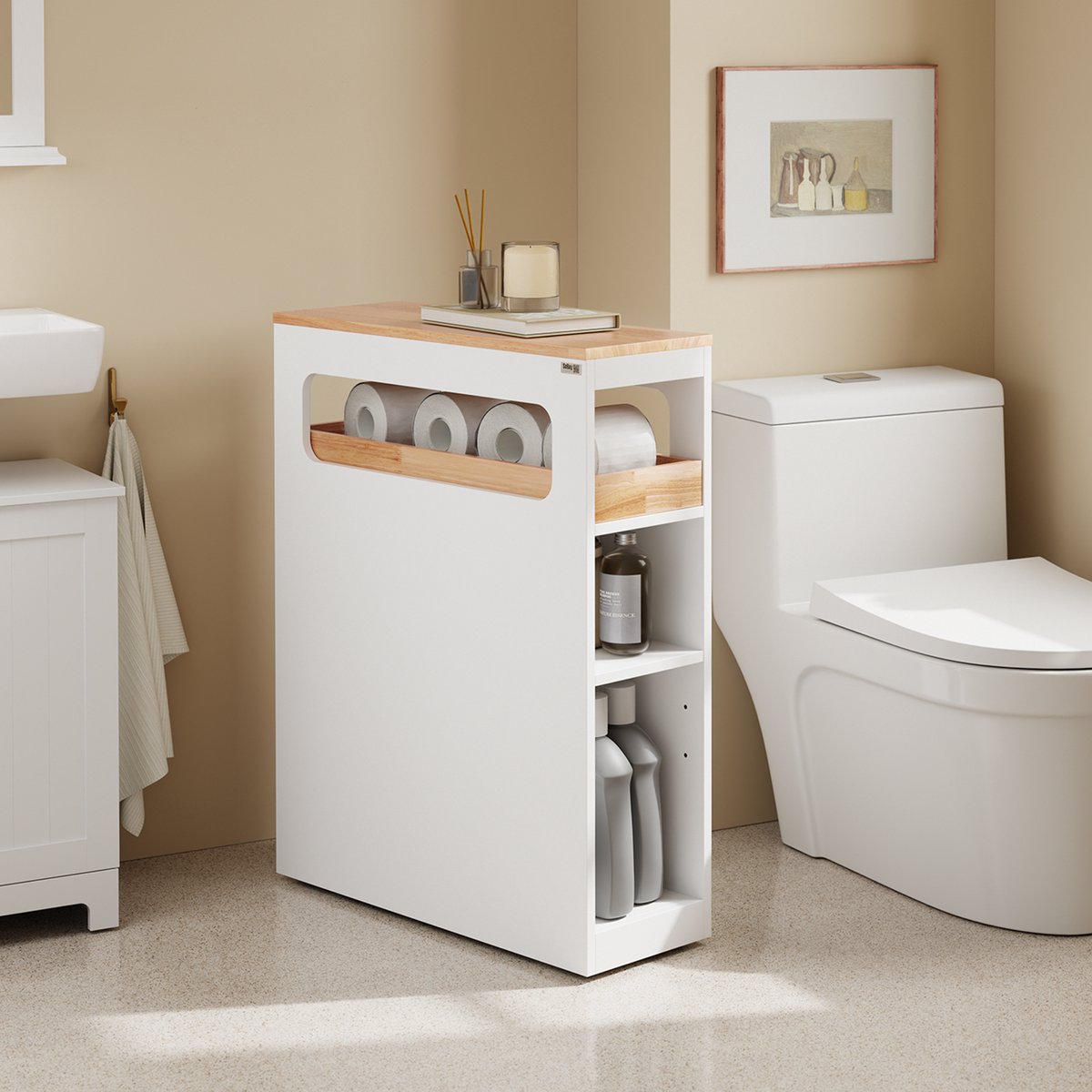 M-Goods Badkamerkast Smal Wit - Badkamerkastje met Lades - Hoge Badkamerkast - 23 cm Breed - Rubberhout