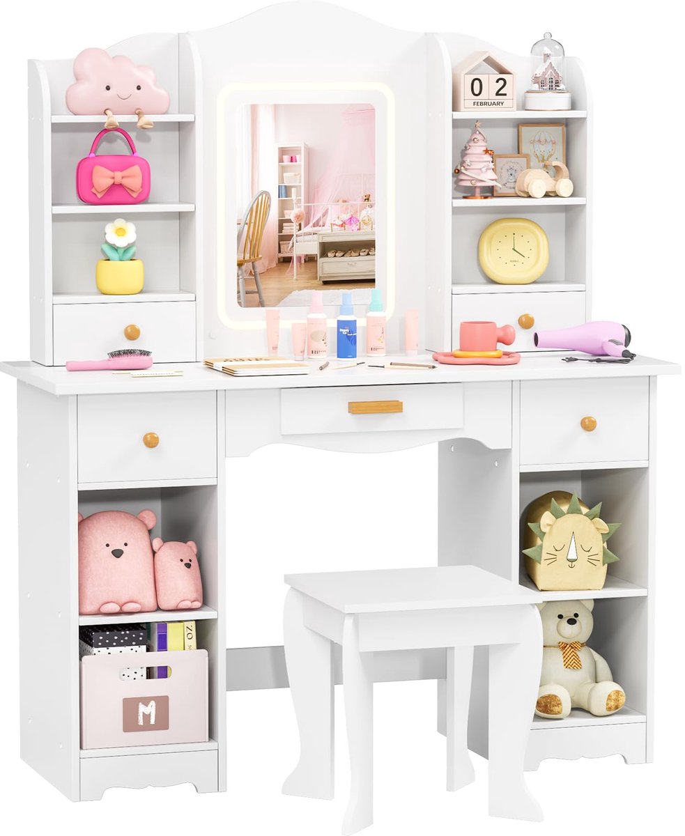 Kinderkaptafelset - met LED-verlichting spiegel krukje Opslagruimte - 95 x 34 x 118 cm - Wit