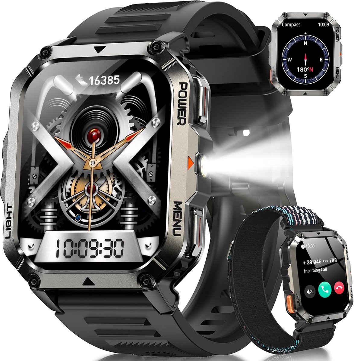 Tactisch Militair Sporthorloge voor Heren – Robuust Horloge met 100 Dagen Batterijduur – Kompas en Zaklamp – Geschikt voor An Android en iOS – met 2,01-inch HD-scherm – AI-Spraakbediening en IP68-Waterbestendigheid - Zwart