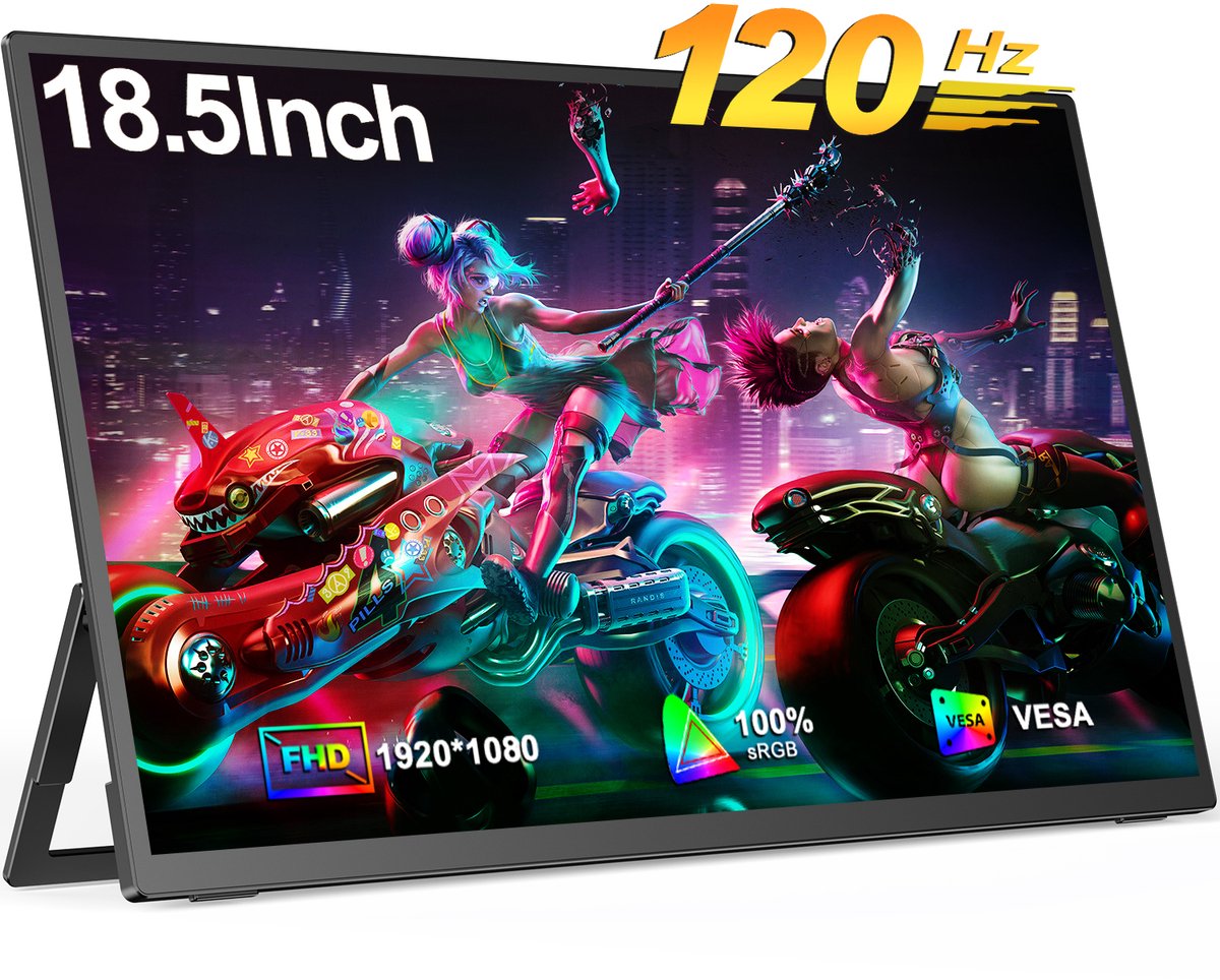 UPERFECT Draagbare monitor 18,5 inch, 120 Hz, 1920x1080 FHD IPS, USB-C- & Mini-HDMI-poort, 1200:1 tweede scherm met geïntegreerde standaard voor laptop/telefoon/spelconsole, VESA-montage mogelijk