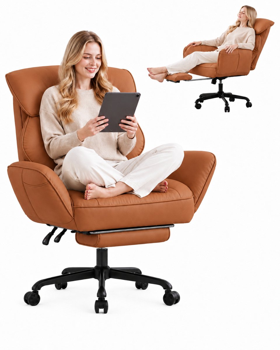 Dowinx Ergonomische Bureaustoel – Verstelbare Gamingstoel met Pocketvering, Armleuningen en Voetensteun – PU Leer – Grote Comfortabele Stoel - Bruin