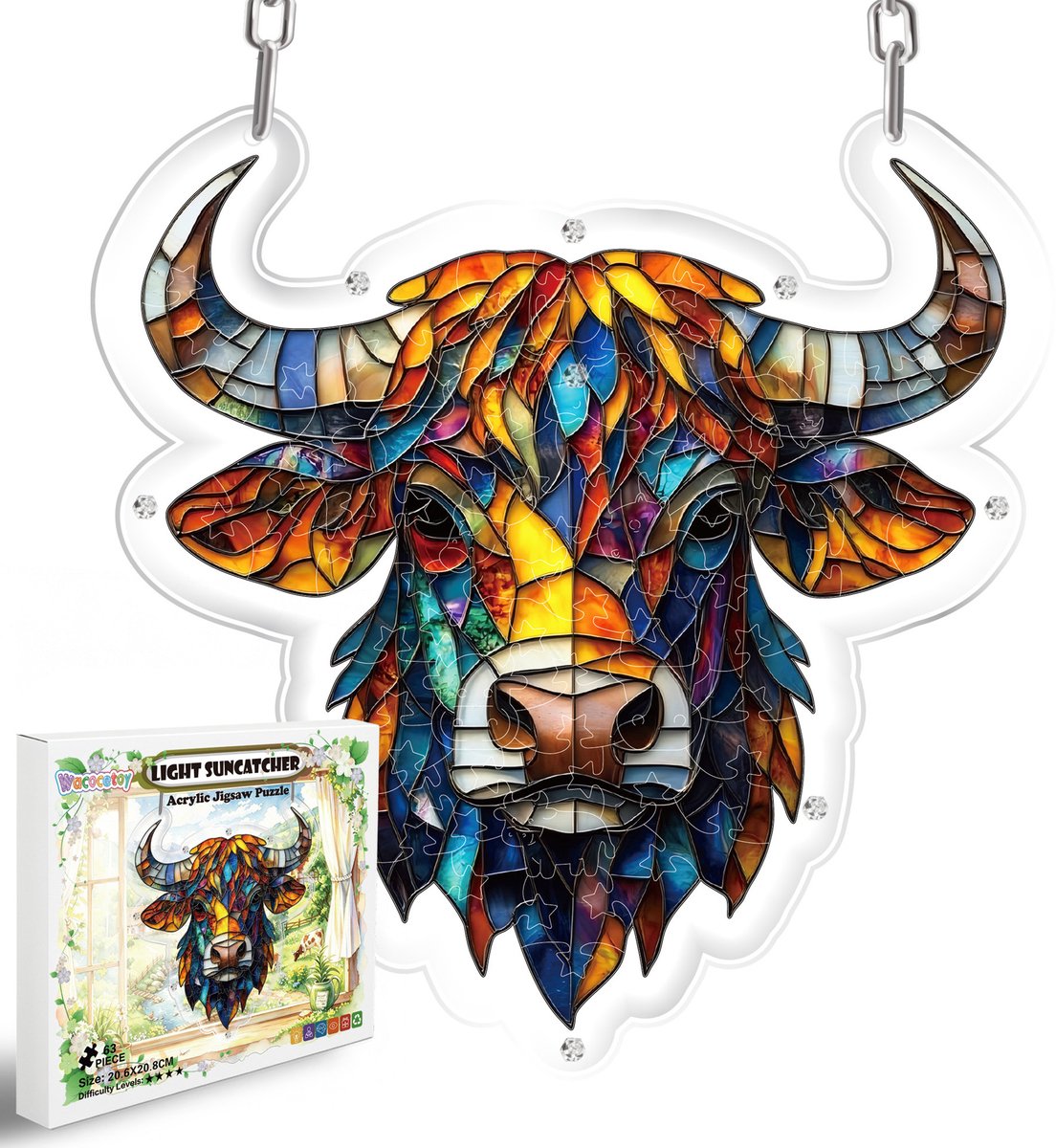 Casalora Acryl Puzzel Schotse Hooglankoe - Zonnevanger met Glas-in-Loodlook, Raamdecoratie - 20*20cm – 63 Stukjes