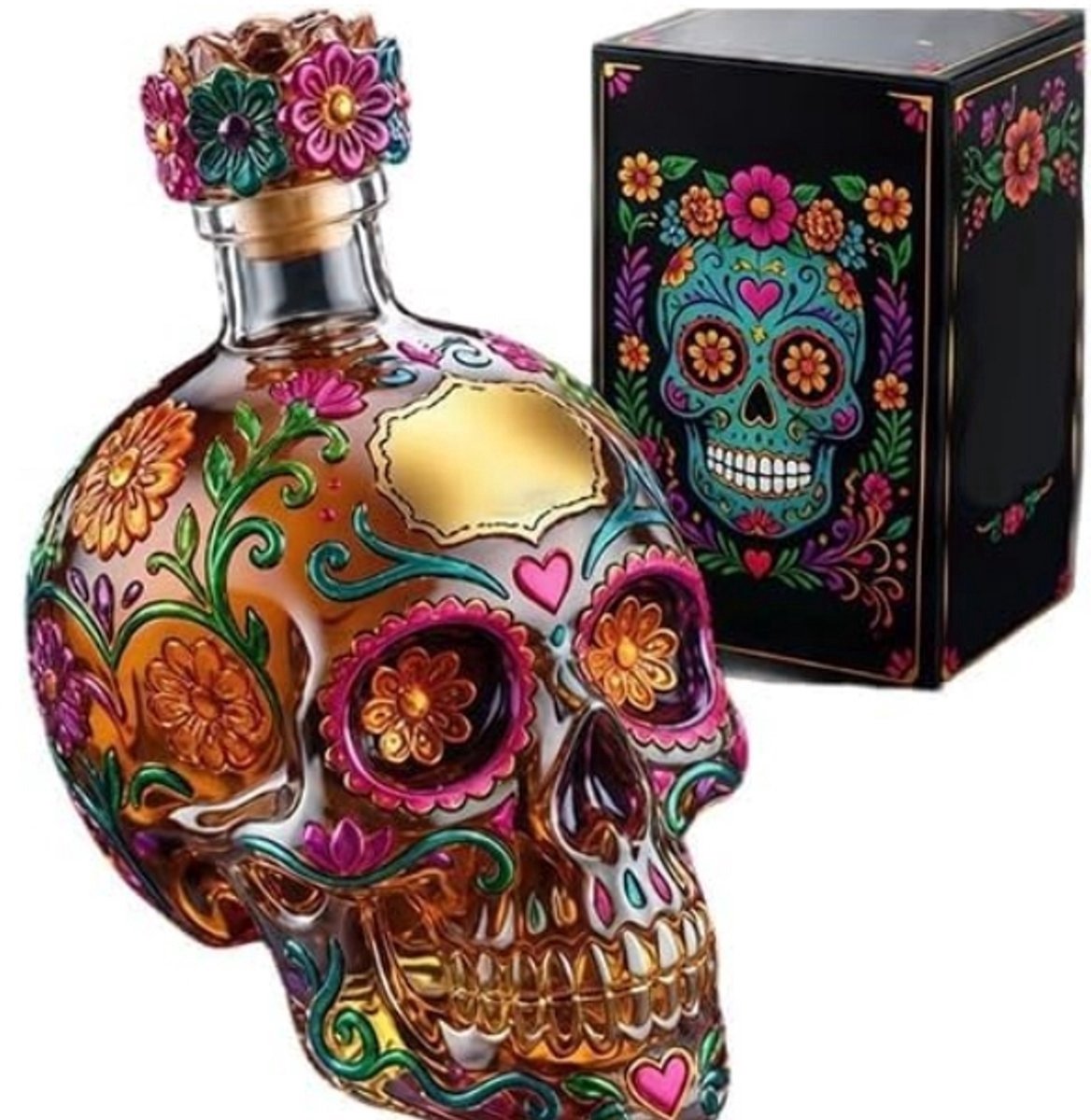 2026 Gothic Skull Decanter Fles, Decoratieve Dead Limited Edition Geschilderd Glas Schilderen Cool Liquor Flessen, Lege Spirit Karaf voor Whisky, Creatief met Bloemen Design Halloween Party (350ml)