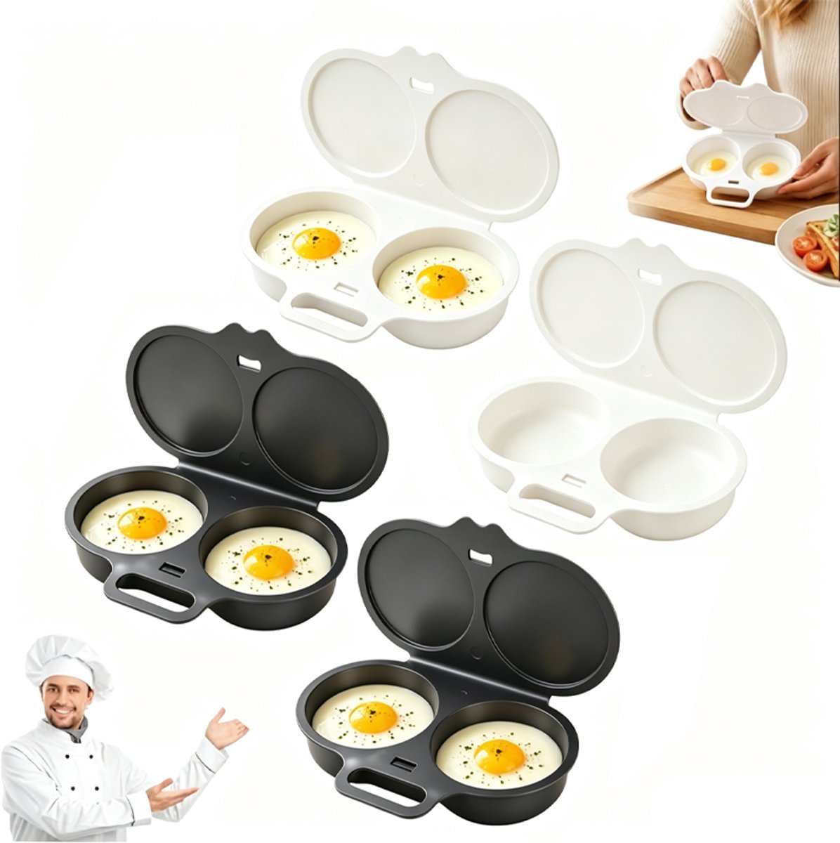 4 Stuks Magnetron Eierkoker - Eierstoompan - Eipocheerder - Kook Er Twee Tegelijk - Magnetron-Eierkoker Met 2 Holtes - Gepocheerde Eier Maker - Eierkoker - Egg Poacher - Hittebestendige Koker - Keukengereedschap - Pp - Wit, Donkergrijs