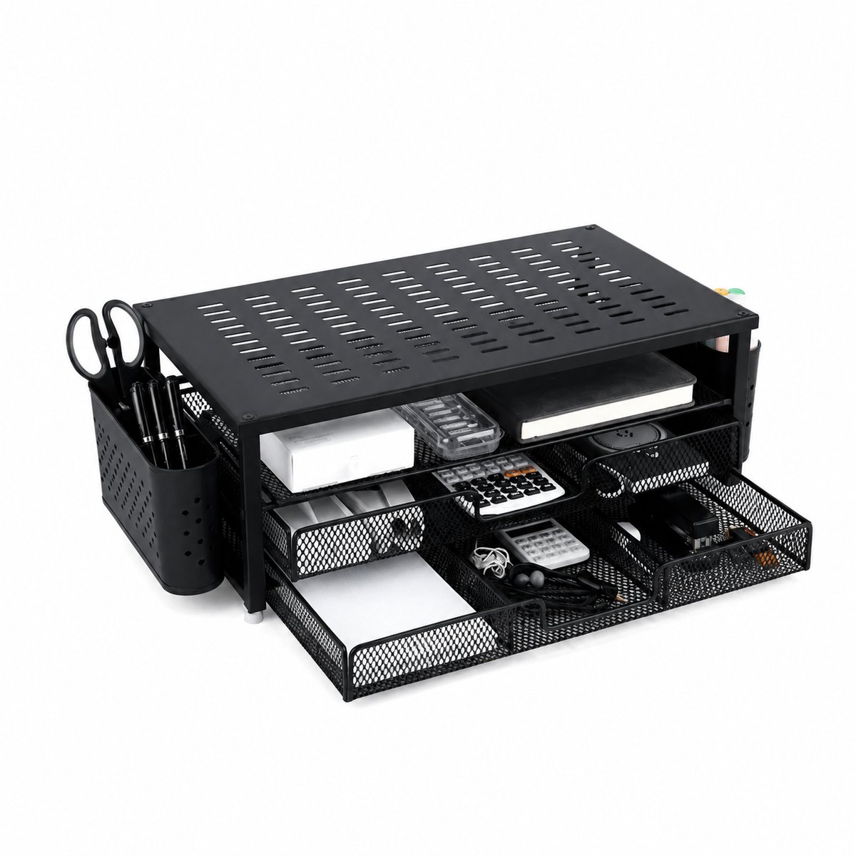 Veya Bureau organizer - Monitor Standaard - Monitor verhoger - Max 34 inch - Zwart - 3 ruime lades - Opbergen & verhogen in één