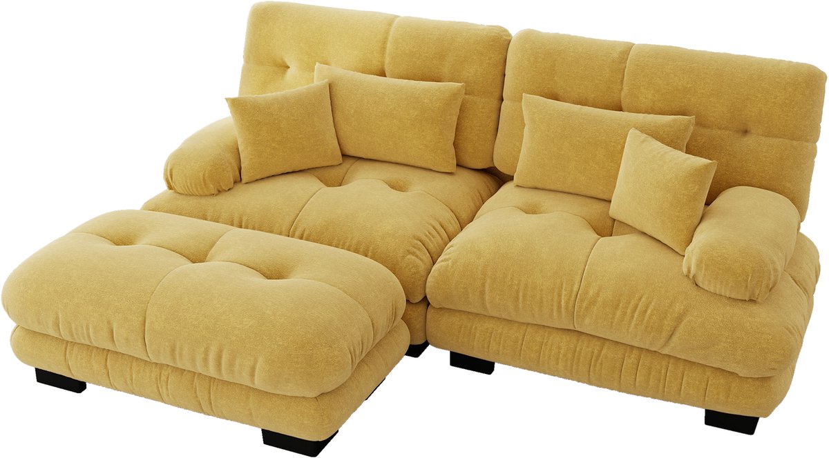 Cloud Ecksofa voor woonkamer, Chenille hoekbank met 2 lendenkussens en 2 decoratieve kussens, gepolst bank met brede armleuningen en ottomane, Chenille Geel