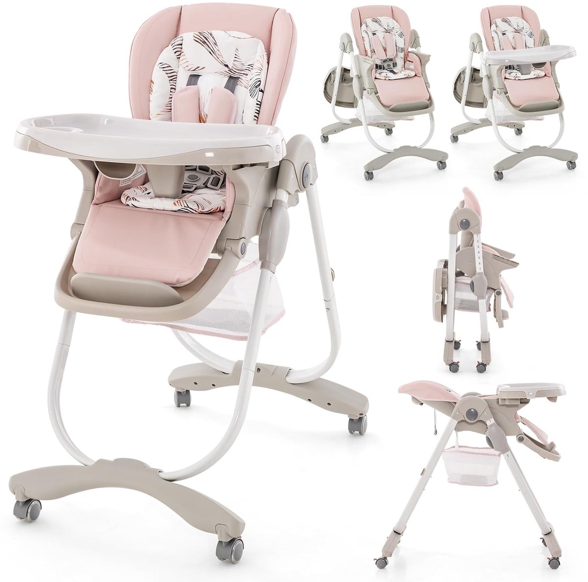 COSTWAY Kinderstoel voor baby's, inklapbaar, babystoel met ligfunctie, wielen en dubbel dienblad, opbergtas, kinderstoel met verstelbare hoogte, voetensteun en rugleuning, voor 6-36 maanden, Roze