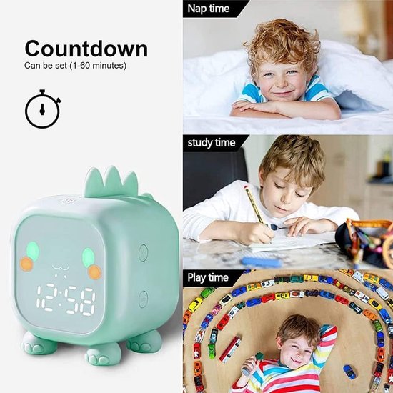 Kinderwekker - Nachtlampje Klok - Wakker Worden - Dinosaurus Vorm - USB Oplaadbaar - Groen — afbeelding 4