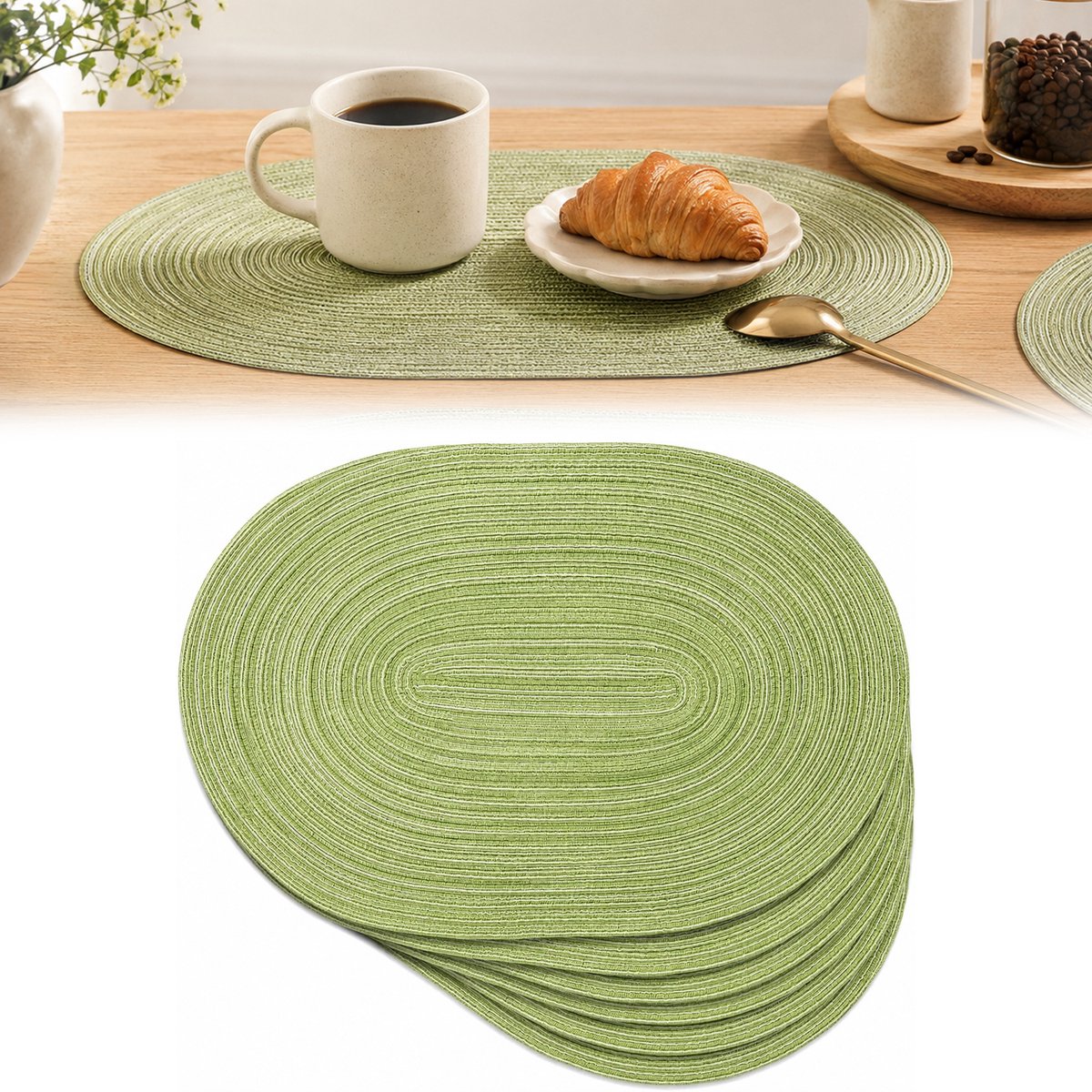 Placemats - Onderzetters - Ovaal Placemat - 45x30 cm - Geweven - Hittebestendig tot 85°C - Antislip - Afwasbaar - Katoen/Polyester - 6 Stuks - Groen