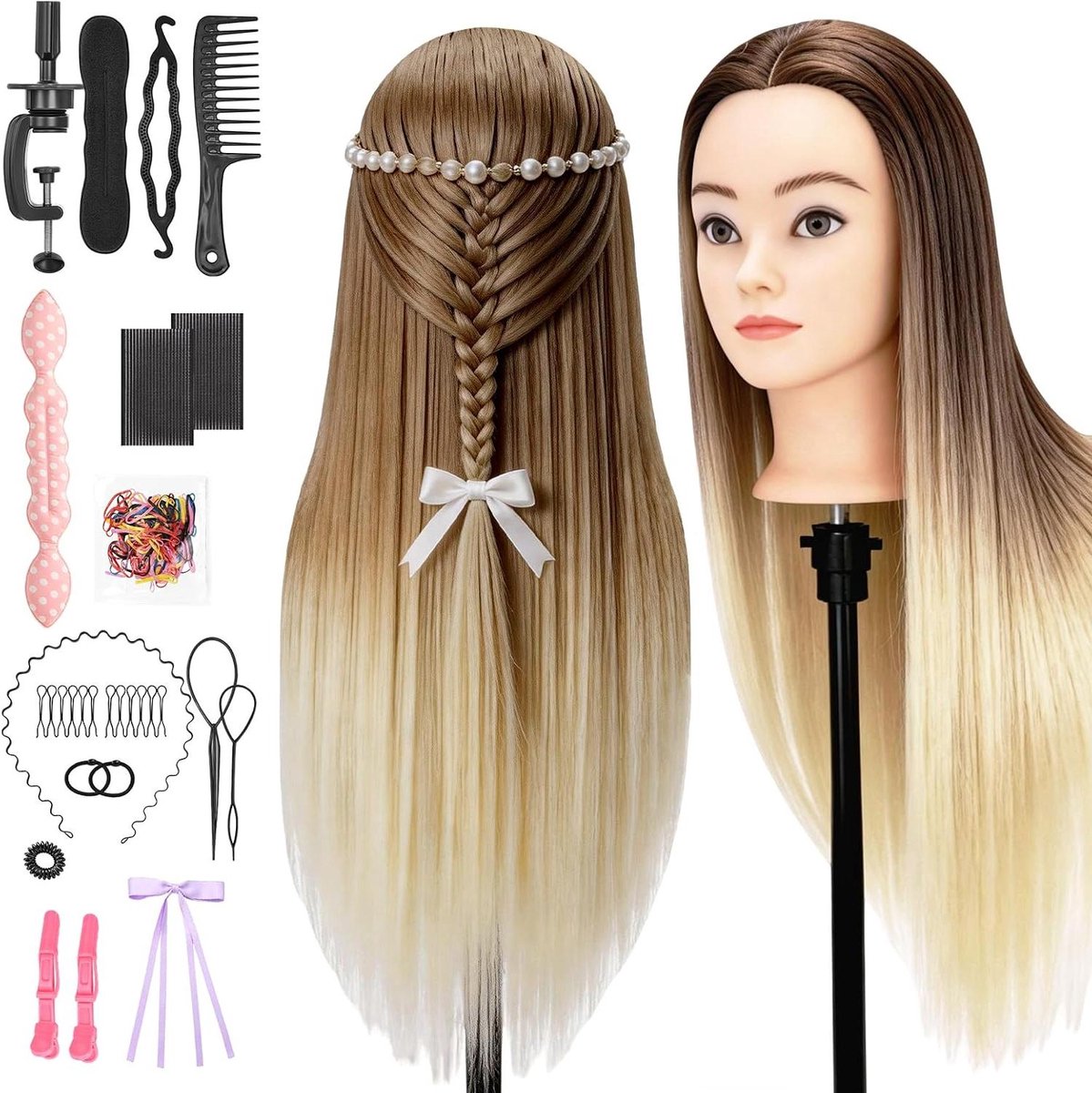 Oefenhoofd Kappers - Mannequin Hoofd - Haar Styling Oefenen - Synthetisch Haar 29 Inch - Met Tafelklem - Bruin
