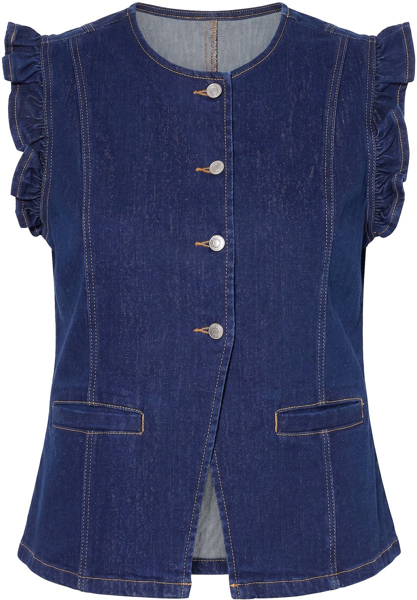 Angel of Style - Dames - Denim bodywarmer stretchdenim ruches op de schouders - Donkerblauw denim - Maat 60