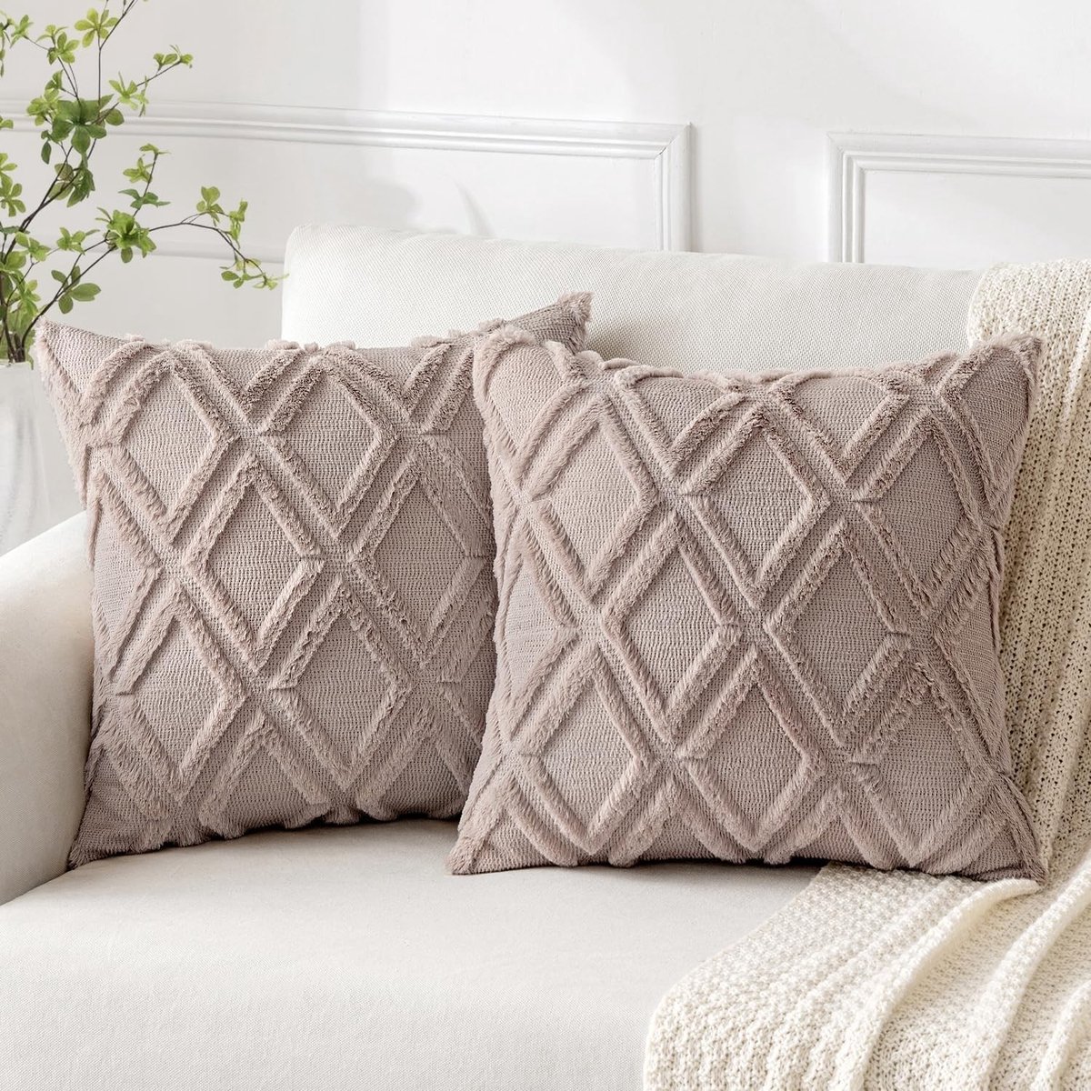 Set van 2 Boho Decoratieve Kussenhoezen van Wolvelours voor Bank en Slaapkamer 50 x 50 cm Sandkleur