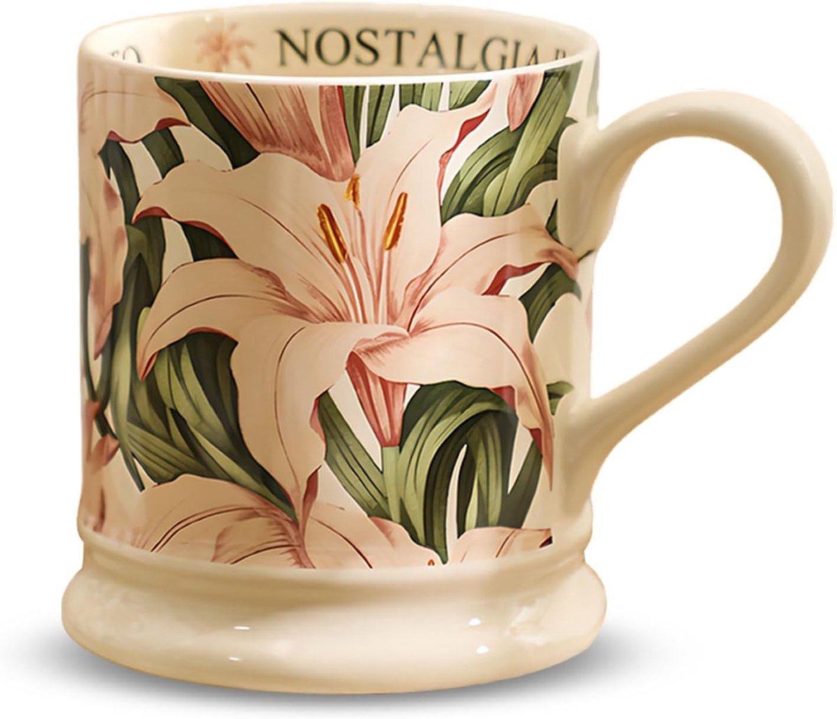 Grote Porseleinen Koffiemokken 380ml met Handvat, Set van Bloemige Theekopjes voor Warme Dranken zoals Chocolademelk, Melk en Cappuccino