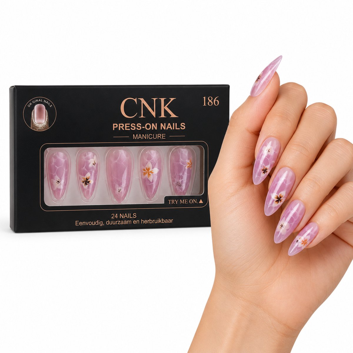 CNK 186 Press On Nails - Plaknagels - 24 Kunstnagels met Nagellijm, 24 Zelfklevende Plakstickers, Cleaner Wipe, Nagelvijl, Woodstick & Size Matcher - Nepnagels voor 7-14 Dagen - Herbruikbare Press-On Nagels - Starterspakket voor Manicure & Nail Art