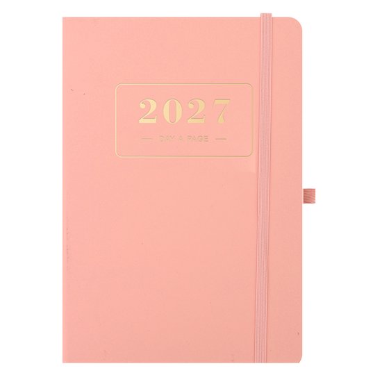 Roze A5 dagplanner met gouden '2027 DAY A PAGE' opdruk, elastische sluitband en label.