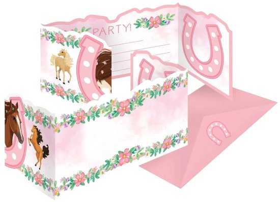 Roze uitnodigingen voor een feestje met paarden, bloemen en hoefijzers.