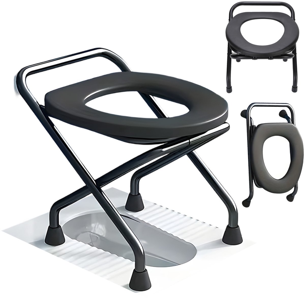 Opvouwbare Toiletstoel - Toiletstoel voor Ouderen - Stevig Koolstofstalen Frame - Antislipvoeten - Open Toiletzitting - Compact Inklapbaar Ontwerp - Voor Badkamer, Thuiszorg en Mensen met Beperkte Mobiliteit