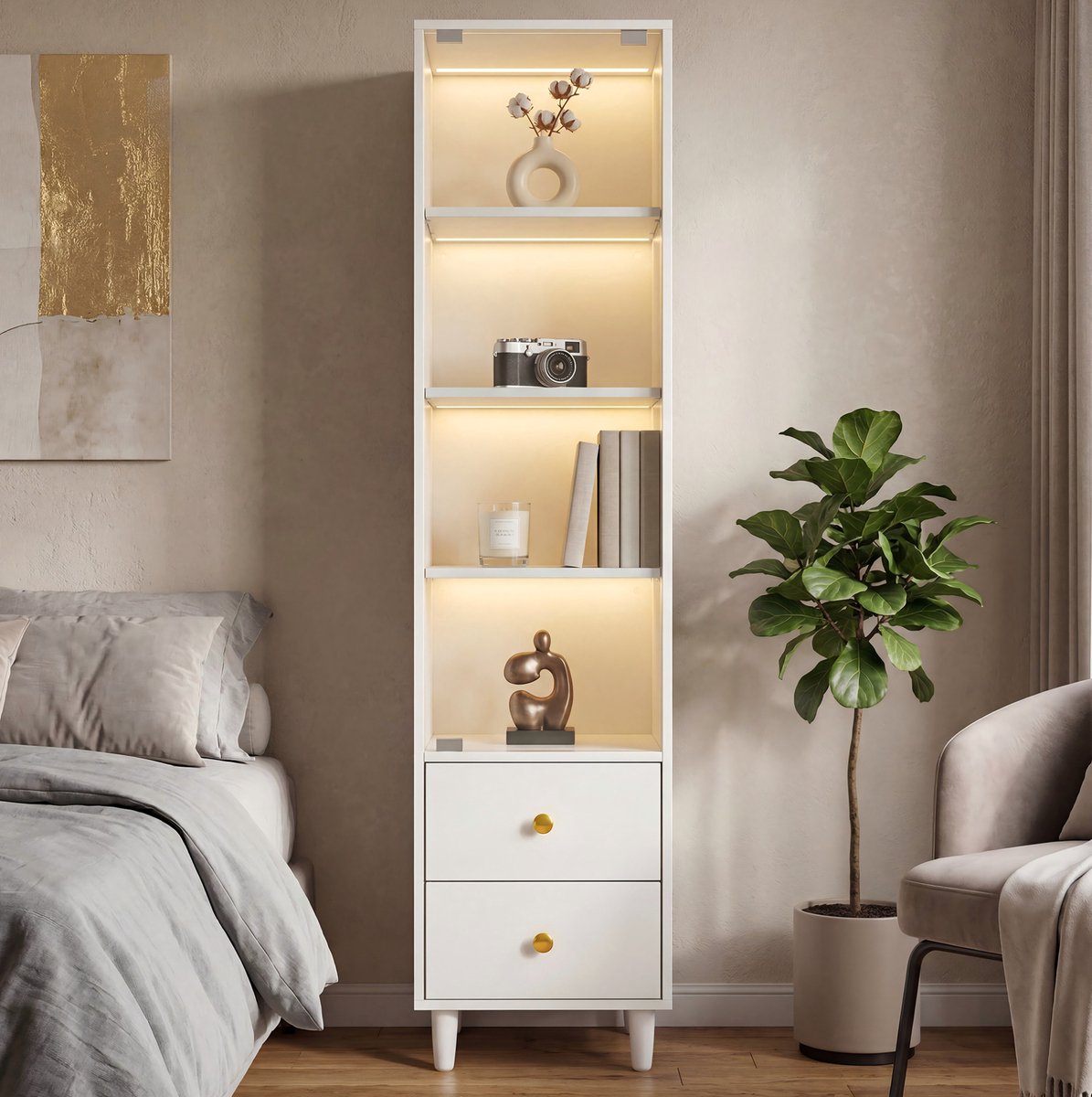 MODFU - Boekenkast - LED-Verlichting En 2 Lades - Moderne Stijl - Wit - 165x40x35 Cm