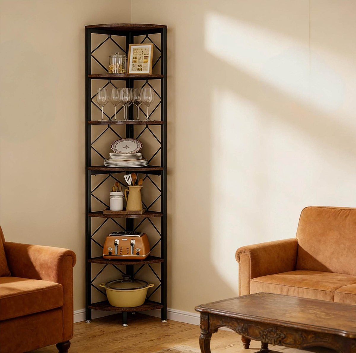 MODFU - Hoekrek - 7-Laags Open Kast - Zwart Bruin - 200 Cm