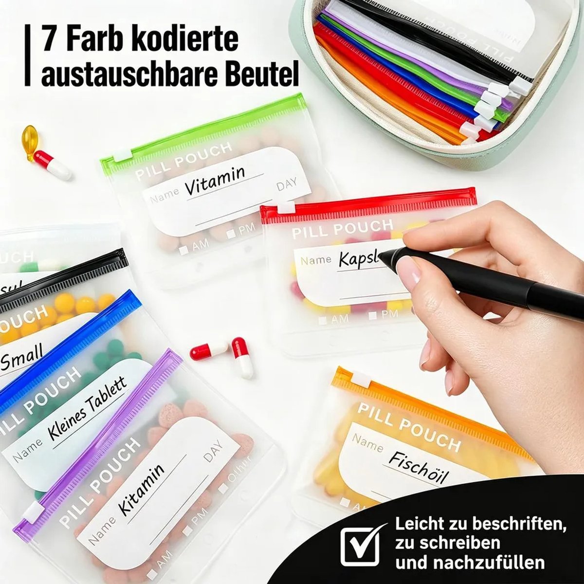 A8 waterdichte pillendoosset, inclusief 14 gekleurde pillenzakjes, grote reispillendoos, geschikt voor 7-14 dagen medicatie, herbruikbaar, geschikt voor ringbandontwerp.