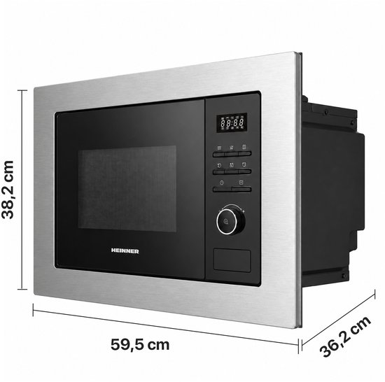 Inbouwmagnetron van Heinner met een zilverkleurig metalen frame en zwart bedieningspaneel. Afmetingen: 59,5 x 38,2 x 36,2 cm.