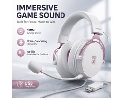 BINGLE Over-Ear Hoofdtelefoon - Bedrade Hoofdtelefoon - Gaming Hoofdtelefoon - USB-interface - Koel aanvoelende mesh oorschelpen - Ruisonderdrukkende microfoon - 1,3 m USB-verlengkabel - Wit