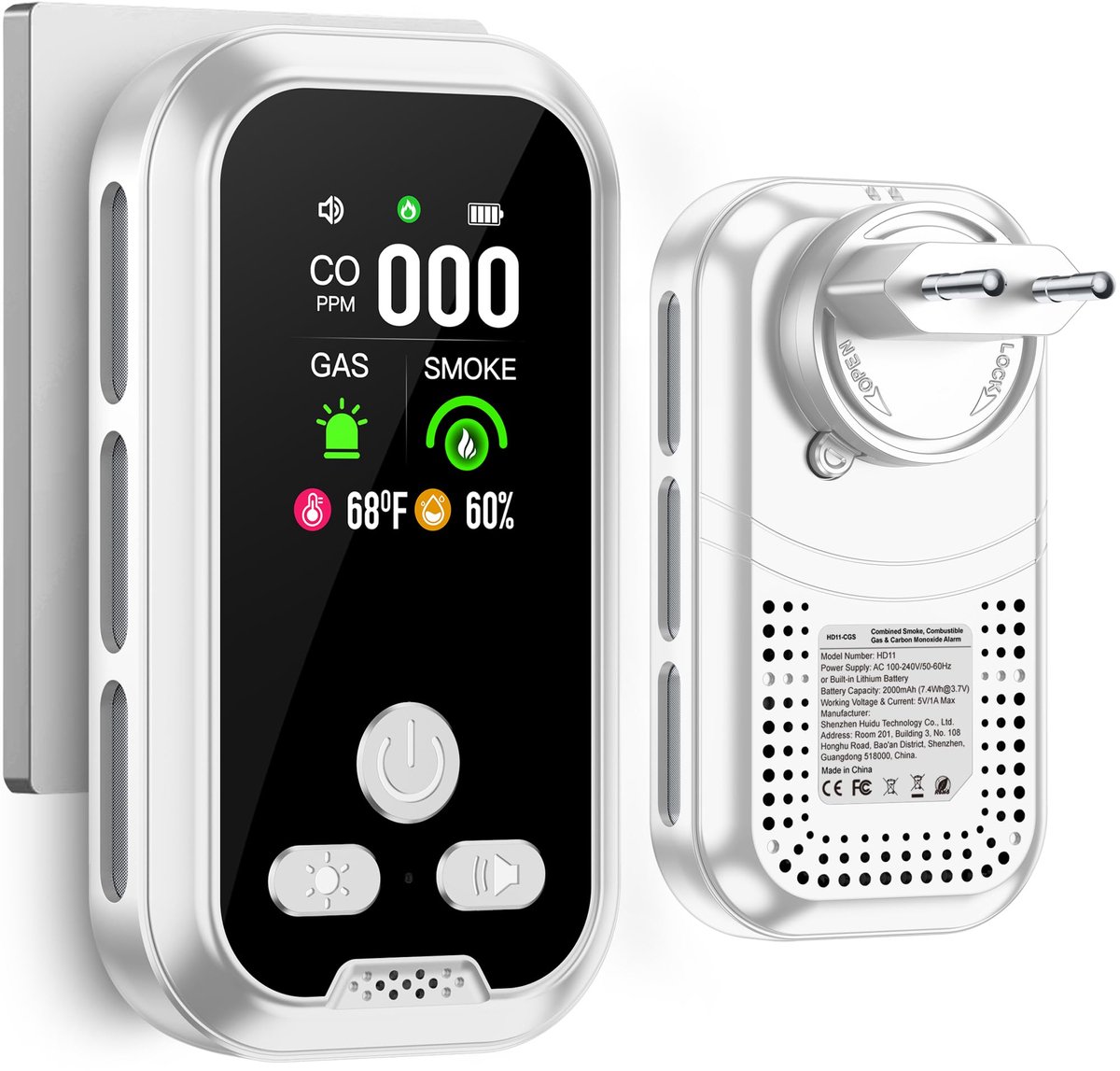 Rookmelder 5-in-1 – Koolmonoxide- en Gasdetector – 2,1 Inch LCD – 2000 mAh Accu – 110-240V