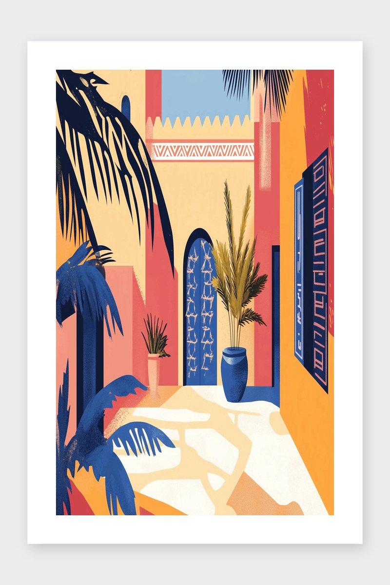 Marokko Poster - Marrakesh - Kunst - Kleurrijk - Stad - Stijvol - Ontwerp - Morocco - posters - formaat 30x40cm - Wanddecoratie - BXS5457WV - Met kader - passe-partouts stijl