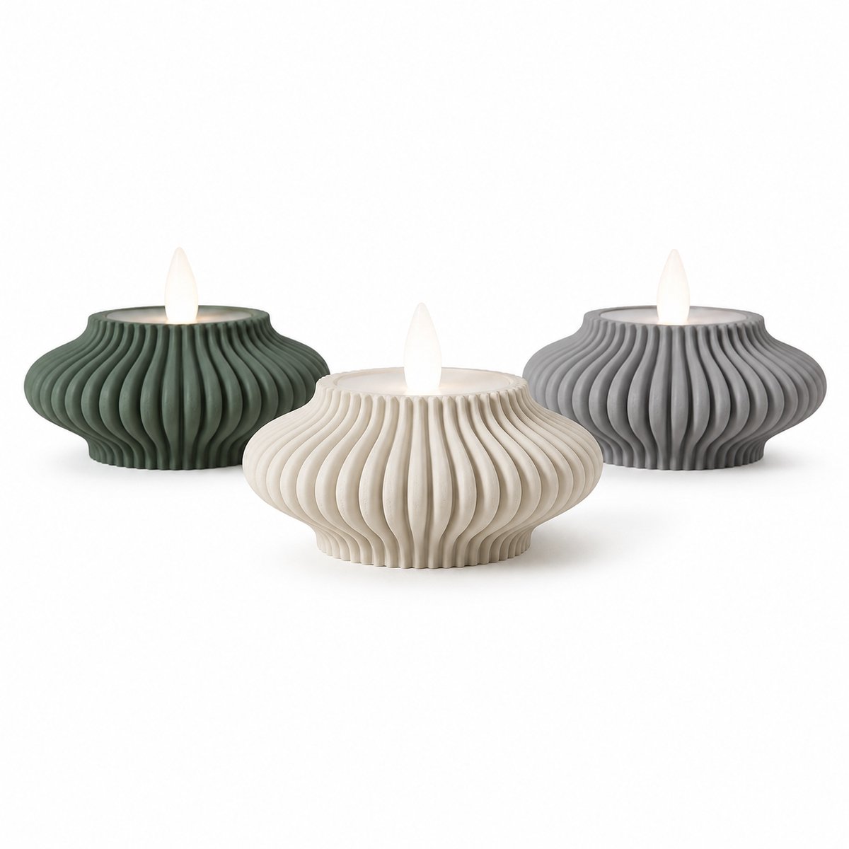 LED Theelichthouders Set van 3 – 3D Geprinte Kaarsenhouders – Geribbeld Design – Moderne Woondecoratie