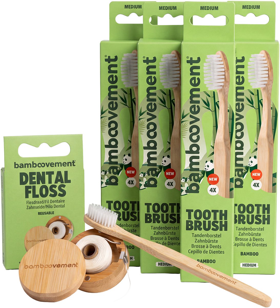 Bamboovement Bamboe Tandenborstels met Floss | 4x Medium | Mondverzorging Set