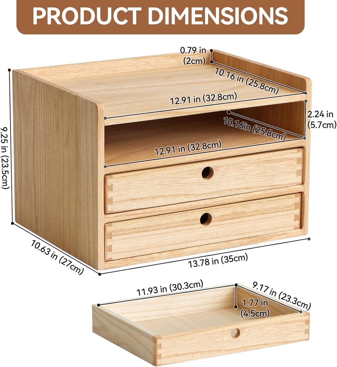 Houten bureau-organizer met A4 opbergdoos en 2 lades, ideaal voor kantoor en thuisgebruik
