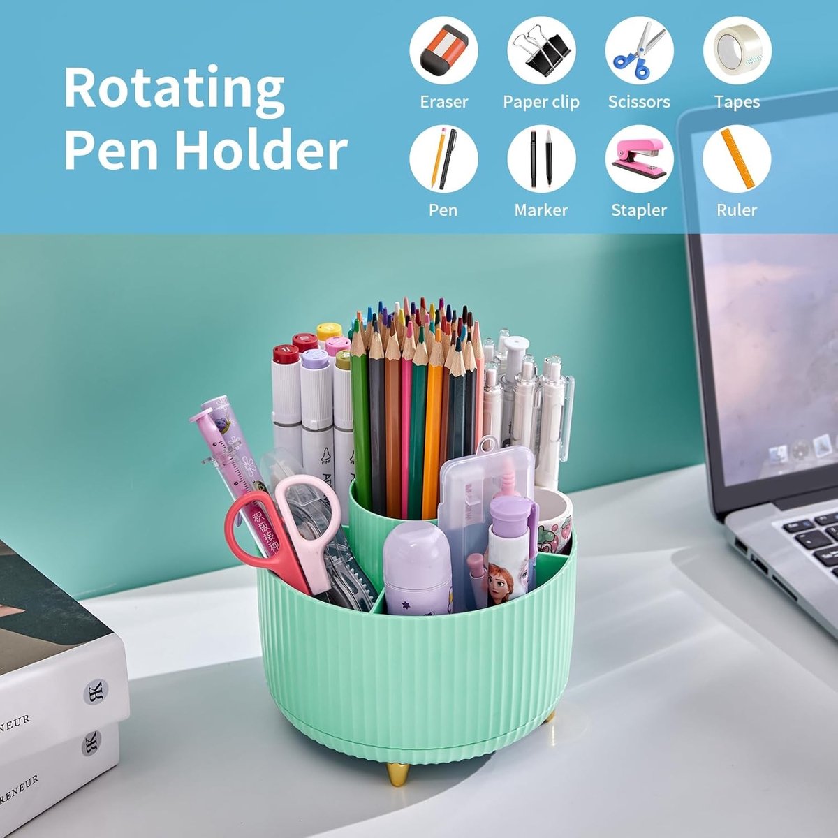 360 Graden Draaibare Pennenhouder, Desk Organizer met 5 Vakken voor Thuis en Kantoor, Perfecte Opbergoplossing voor Bureauaccessoires in Mintgroen