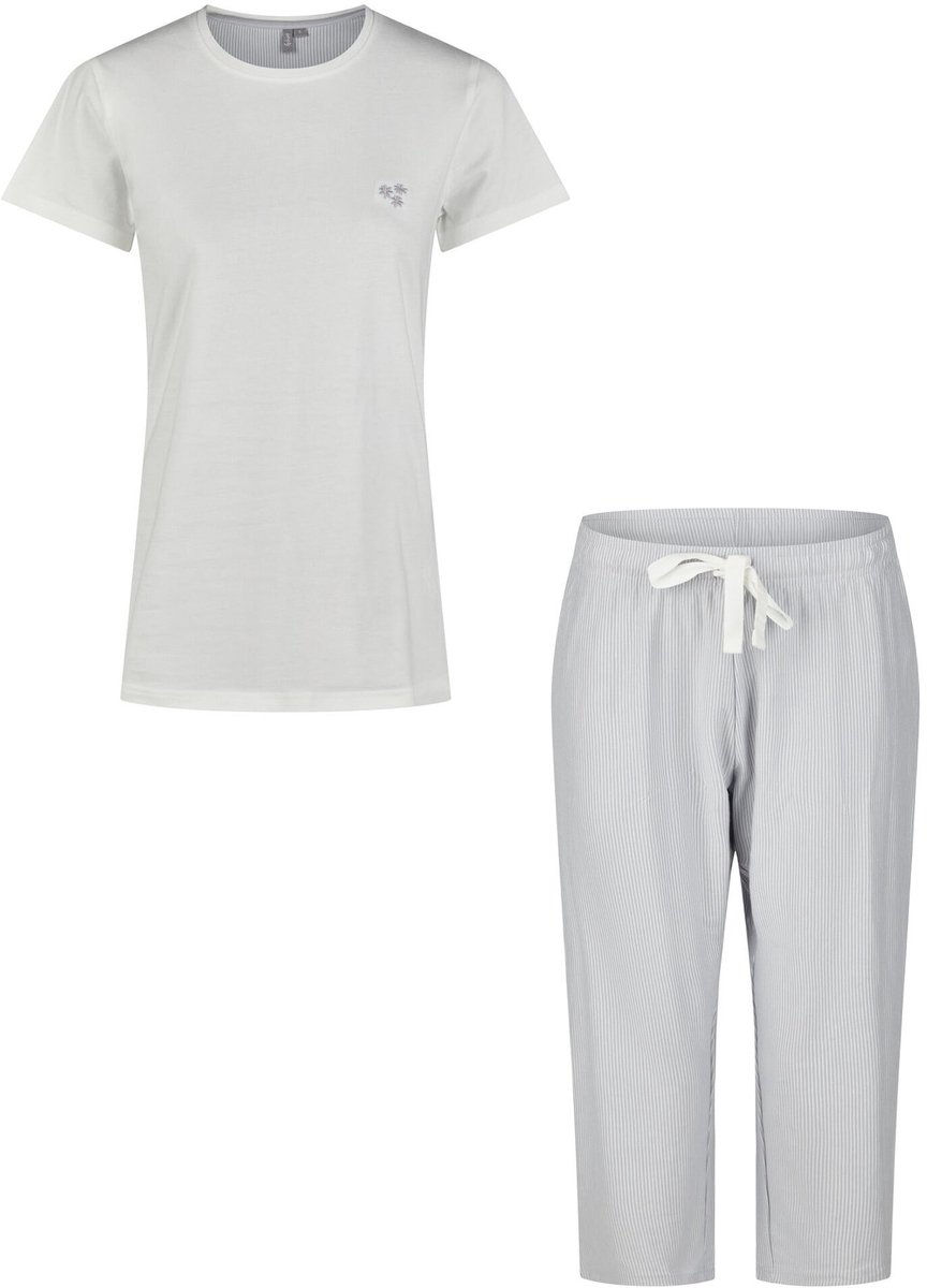 By Louise Dames Capri Pyjama Driekwart Wit/Blauw Gestreept - Maat M