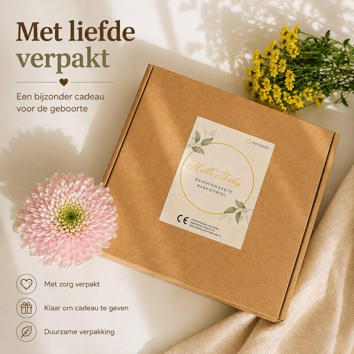 Joymaxx® Mobiel Baby Dieren Safari - Boxmobiel Vilt/Hout Handgemaakt - Babykamer Decoratie Neutrale Kleur- Muziekmobiel-Kraamcadeau - Babyshower Cadeau – foto 6