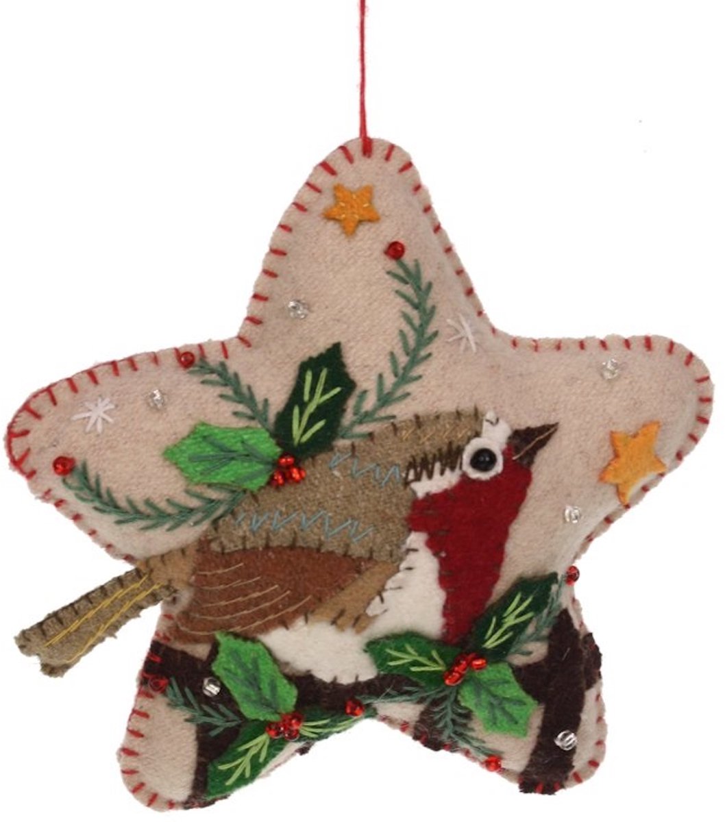 Ornament Roodborstje op ster, vilt 13x4x12cm