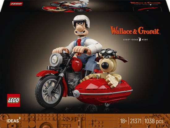 LEGO Ideas Wallace & Gromit set: Wallace op een rode motorfiets met zijspan, Gromit in het zijspan.
