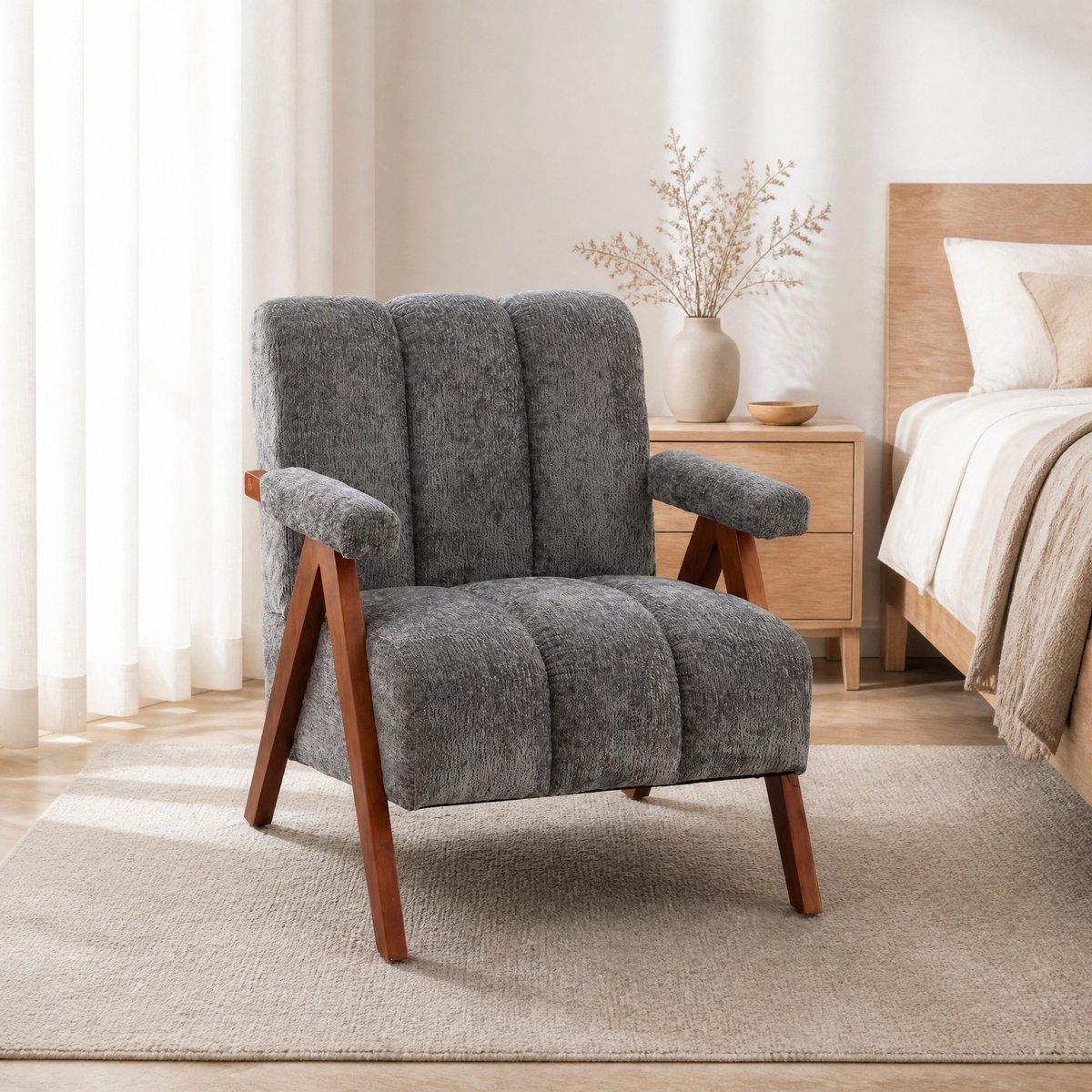 MODFU - Fauteuil - Bouclé - Armleuningen - Hout - Grijs - Modern