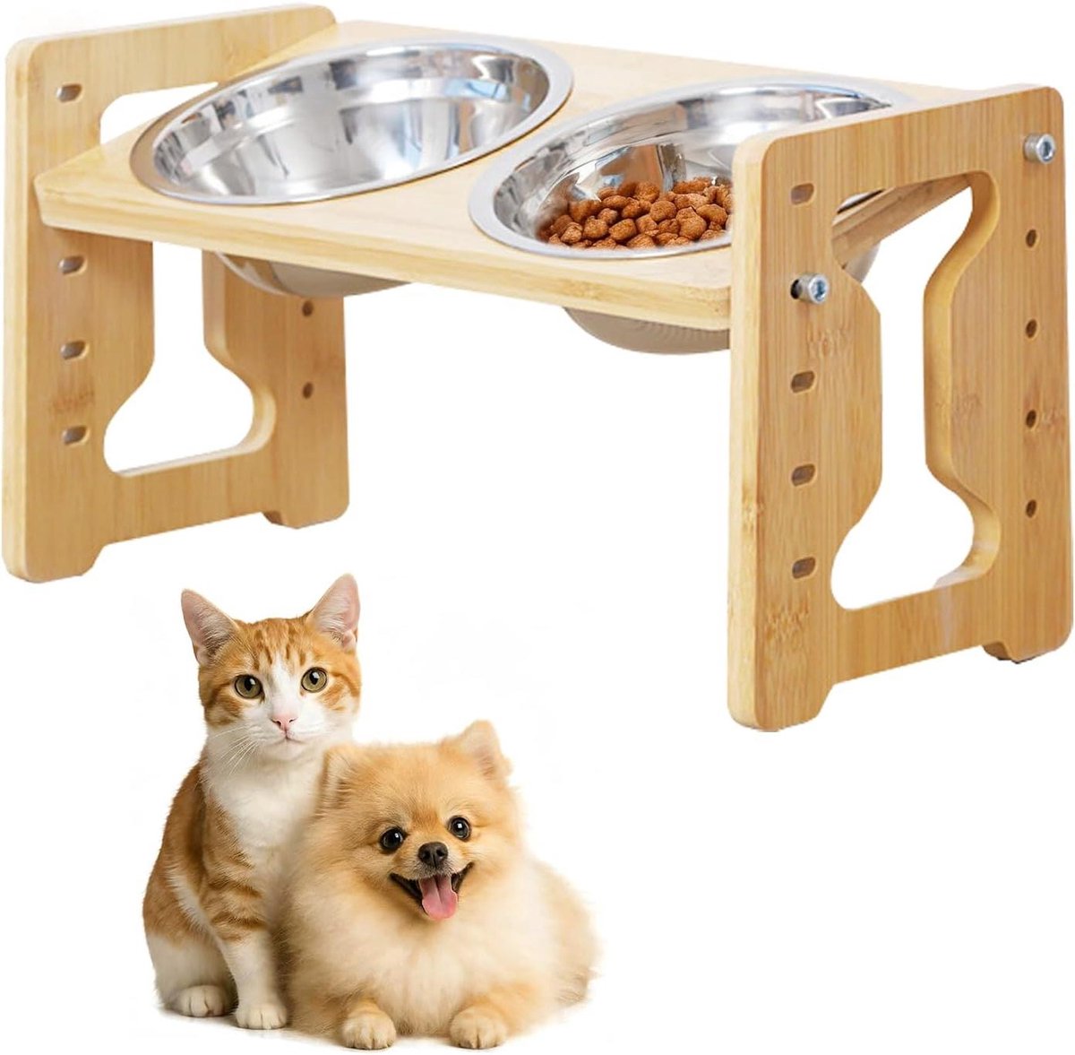 Hondenvoerbak Verhoogd - Hondenbak Stand - Comfortabel Eten - 5 Hoogte-instellingen - 33 x 16.2 cm - Houtkleur