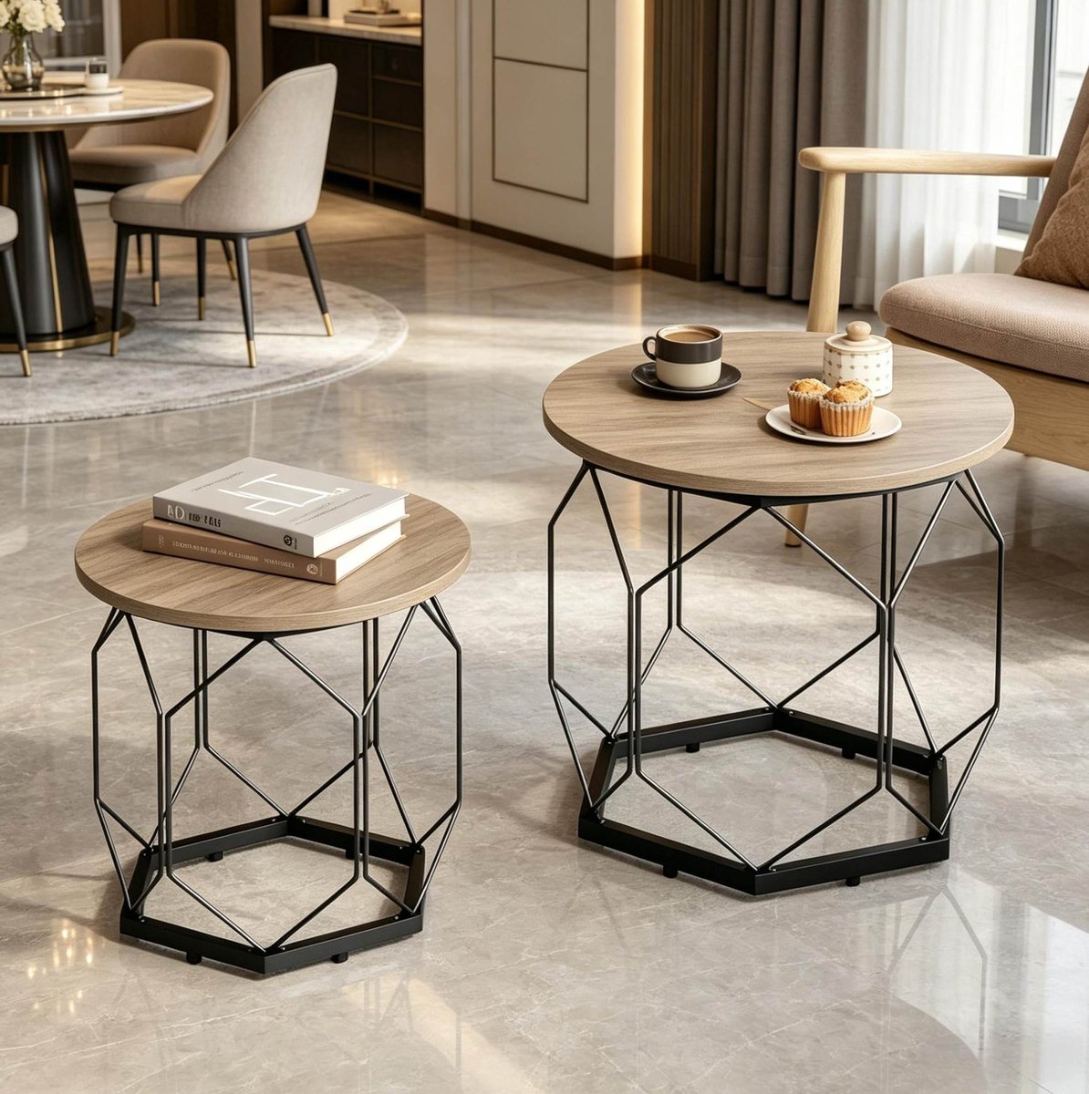 MODFU - Salontafel - Rond - Modern - Opbergruimte - Houtlook - Grijs