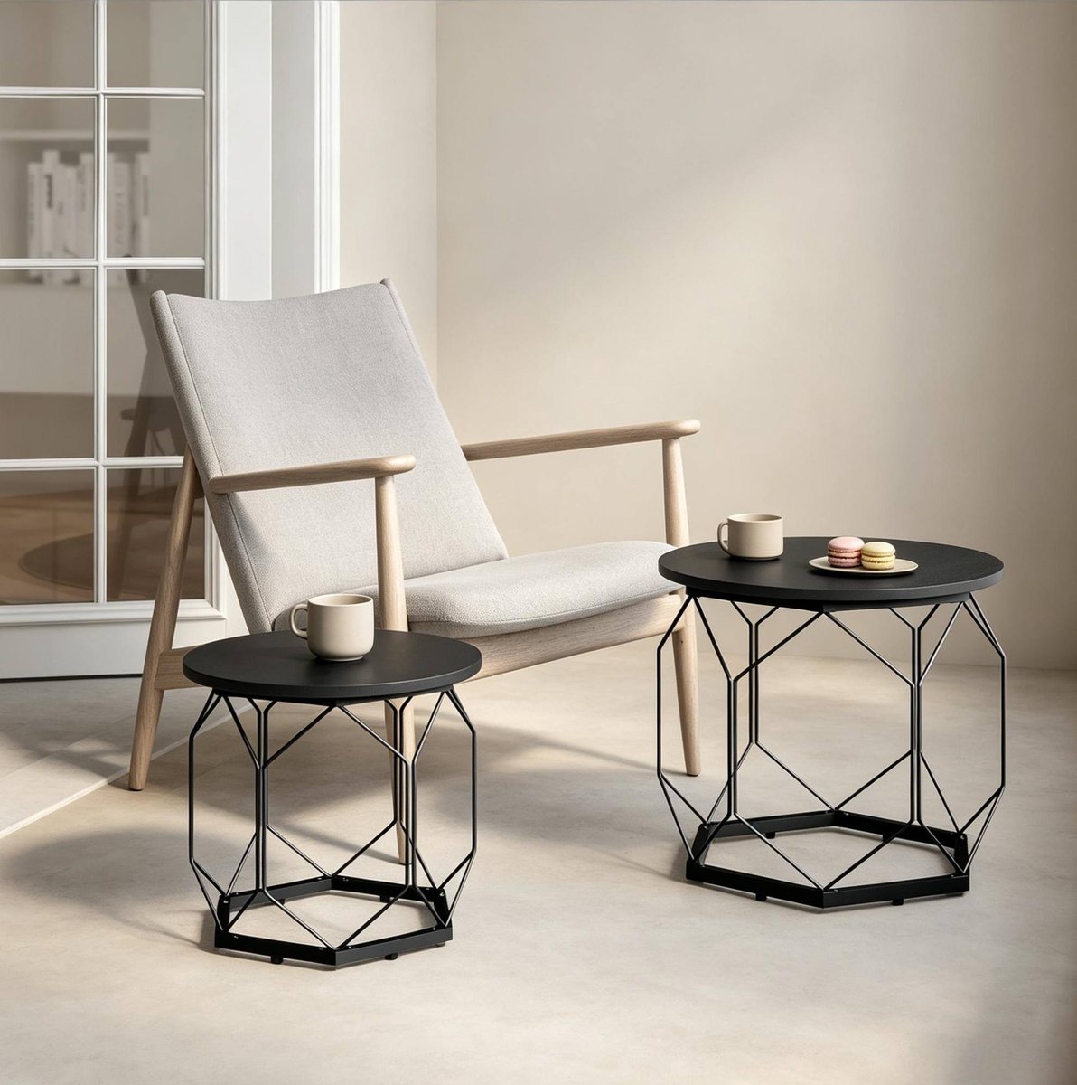 MODFU - Ronde Bijzettafel Set Van 2 - Metaal - Hout - Zwart