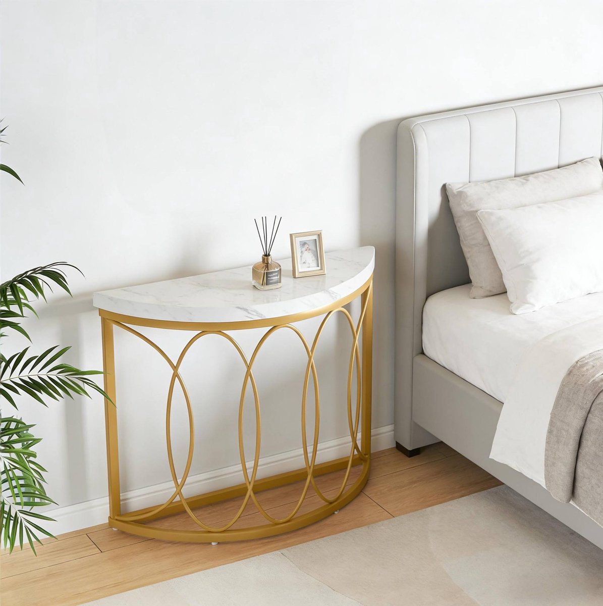MODFU - Consoletafel - Halfrond - Goud Wit - Marmerlook - Metaal - 110 X 35 X 80 Cm