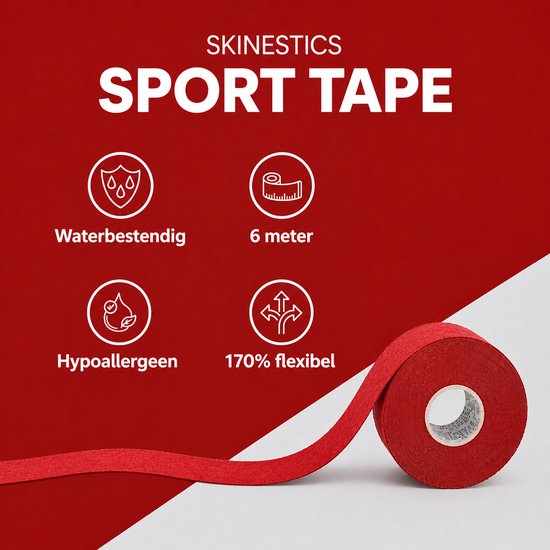 Rode rol Skinestics sporttape met waterbestendige, hypoallergene, 6 meter lange en 170% flexibele eigenschappen.