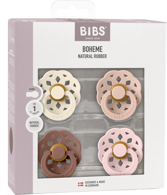 Bibs Boheme Fopspeen - Rond - 4 - 0-6 Mnd - Ivory/Blush/Woodchuck/Blossom - 4 stuks